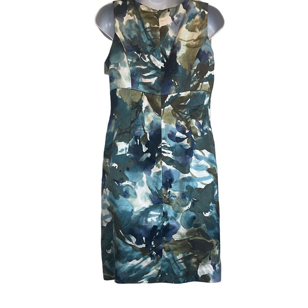 Jones New York Blue Green Watercolor Floral Sheath Silk Blend Cocktail Dress 4 - Picture 3 of 6